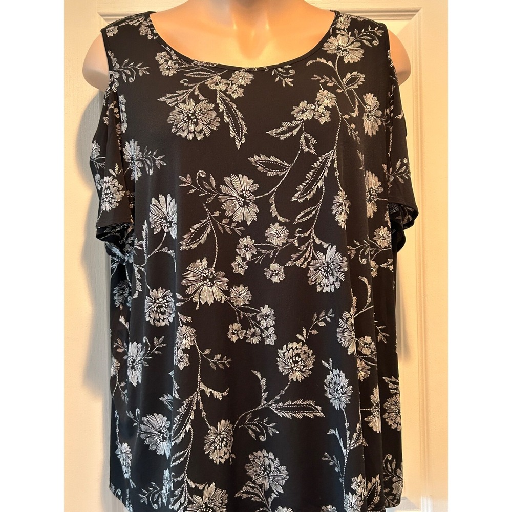 Catherines Top Womens Size 22/24 Black Floral Print Cold Shoulder Boho Beachy